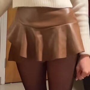 Brown Leather Skirt with ruffles and built in shorts
